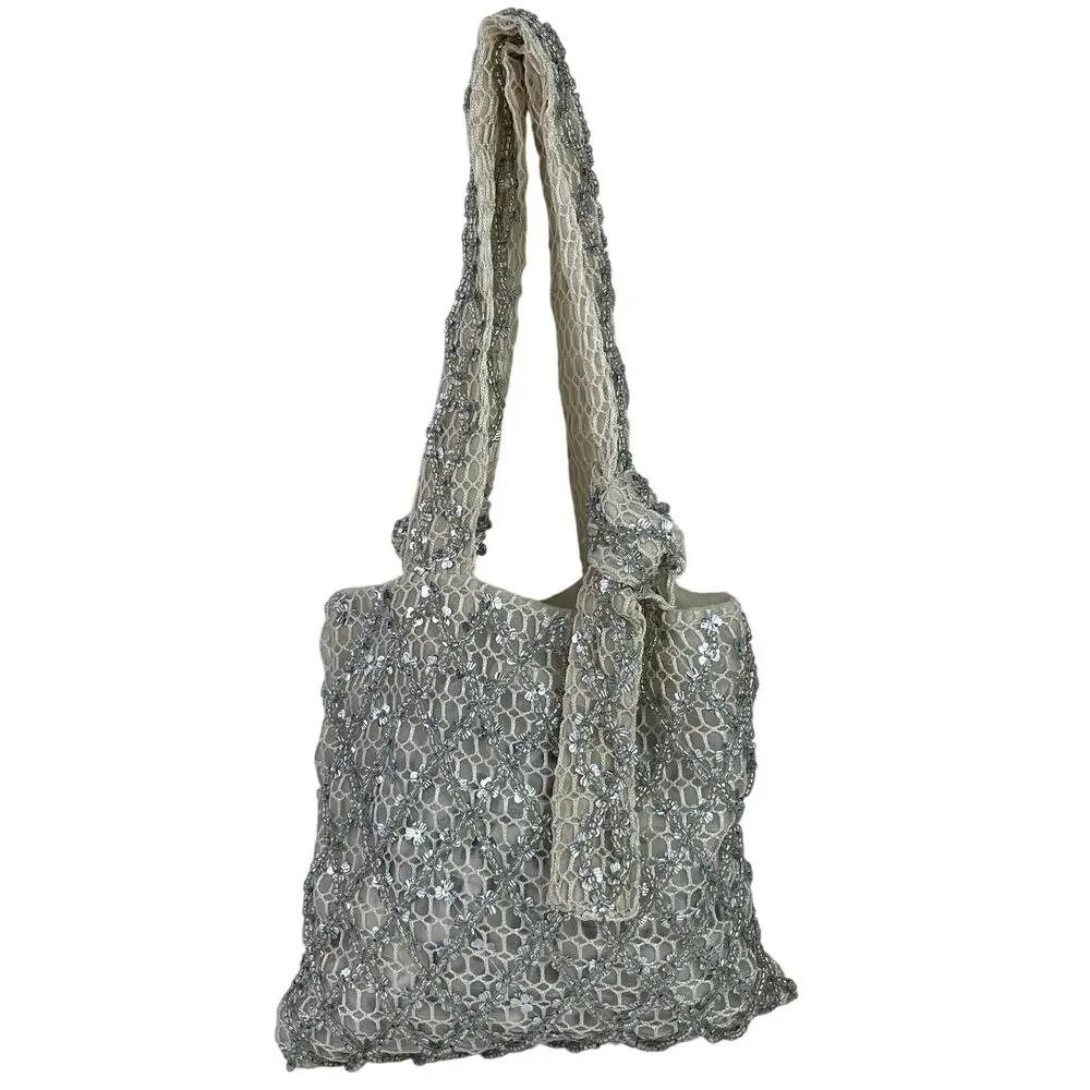 Zara Women's Silver Beaded Embellished Mesh Bow Tie Boho Tote Handbag Size OS